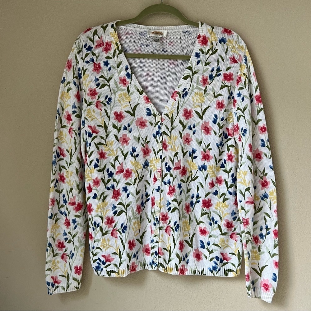 Talbots White Floral Button Up V-Neck Cotton Cardigan Sweater, size S